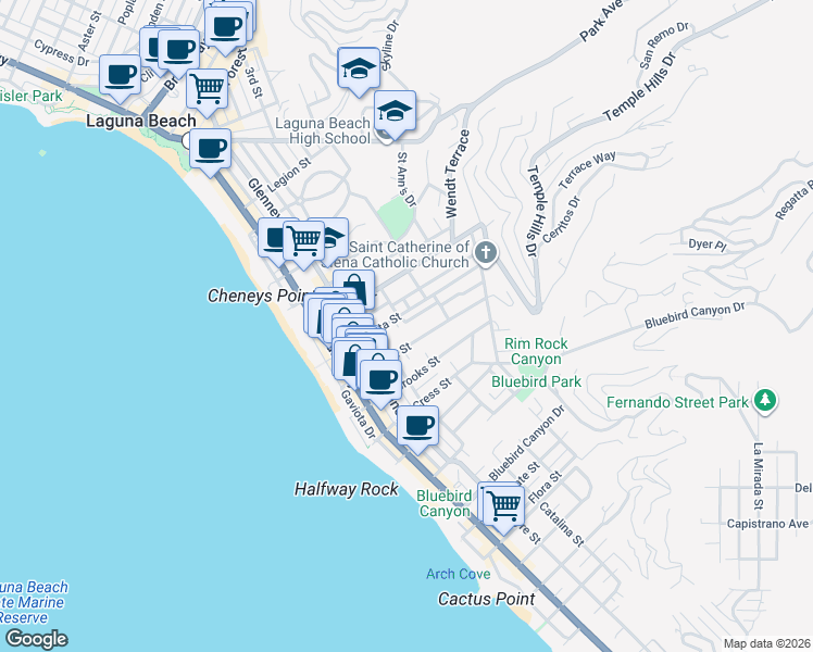 map of restaurants, bars, coffee shops, grocery stores, and more near 501 Lombardy Lane in Laguna Beach