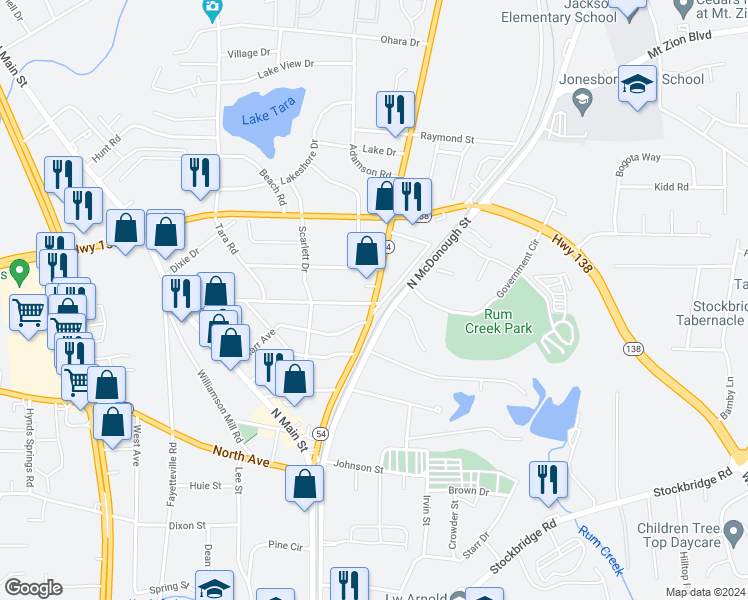 map of restaurants, bars, coffee shops, grocery stores, and more near 131 Jonesboro Road in Jonesboro