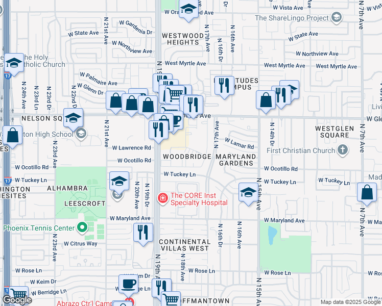 map of restaurants, bars, coffee shops, grocery stores, and more near 1819 West Ocotillo Road in Phoenix