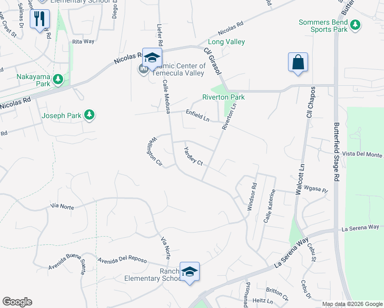 map of restaurants, bars, coffee shops, grocery stores, and more near 40426 Yardley Court in Temecula