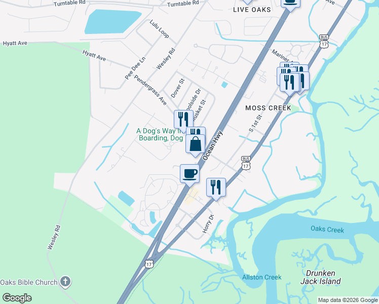 map of restaurants, bars, coffee shops, grocery stores, and more near 5190 US Highway 17 Bypass South in Murrells Inlet