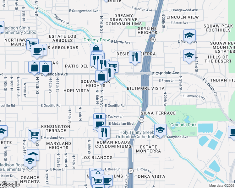 map of restaurants, bars, coffee shops, grocery stores, and more near 6733 North 16th Street in Phoenix
