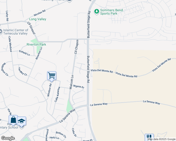 map of restaurants, bars, coffee shops, grocery stores, and more near Vista Del Monte Road in Temecula