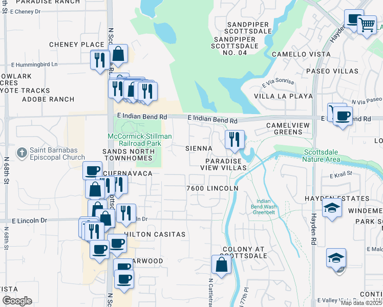 map of restaurants, bars, coffee shops, grocery stores, and more near 6711 North Rocking Road in Scottsdale