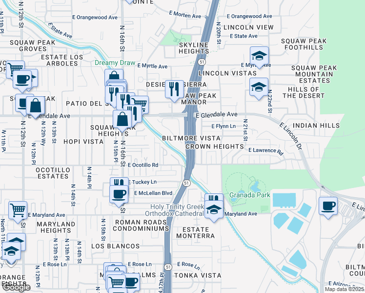 map of restaurants, bars, coffee shops, grocery stores, and more near 6744 North 17th Place in Phoenix