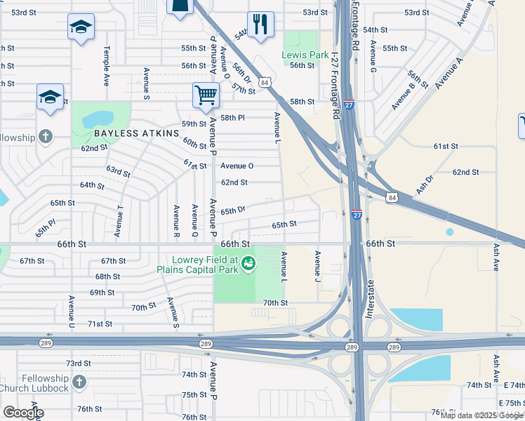 map of restaurants, bars, coffee shops, grocery stores, and more near 1312 65th Street in Lubbock