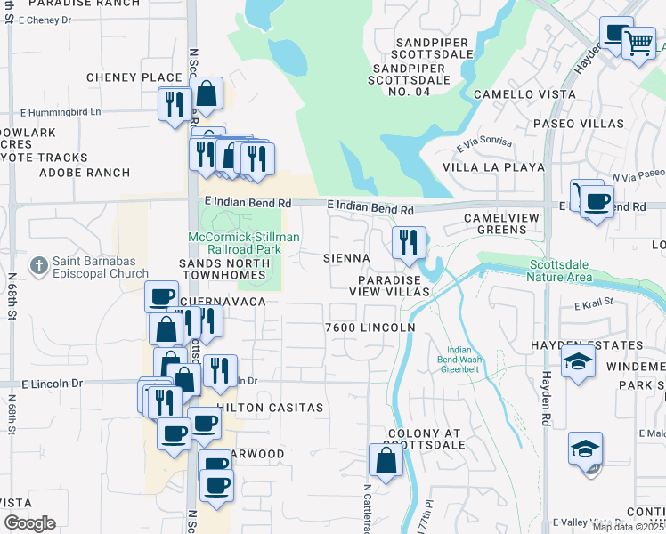 map of restaurants, bars, coffee shops, grocery stores, and more near 6711 North Rocking Road in Scottsdale