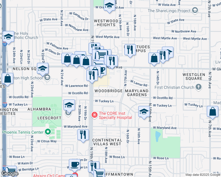 map of restaurants, bars, coffee shops, grocery stores, and more near 1819 West Ocotillo Road in Phoenix
