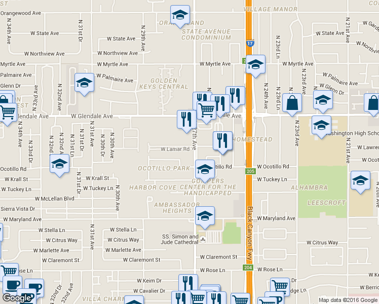 map of restaurants, bars, coffee shops, grocery stores, and more near 6702 North 27th Avenue in Phoenix