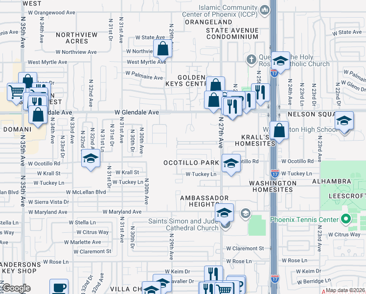 map of restaurants, bars, coffee shops, grocery stores, and more near 2822 West Lawrence Road in Phoenix