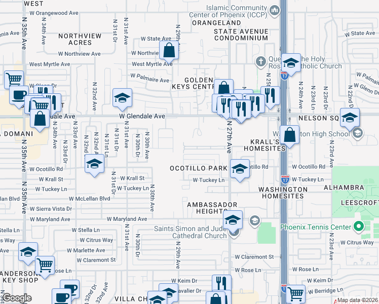 map of restaurants, bars, coffee shops, grocery stores, and more near 2822 West Lawrence Road in Phoenix