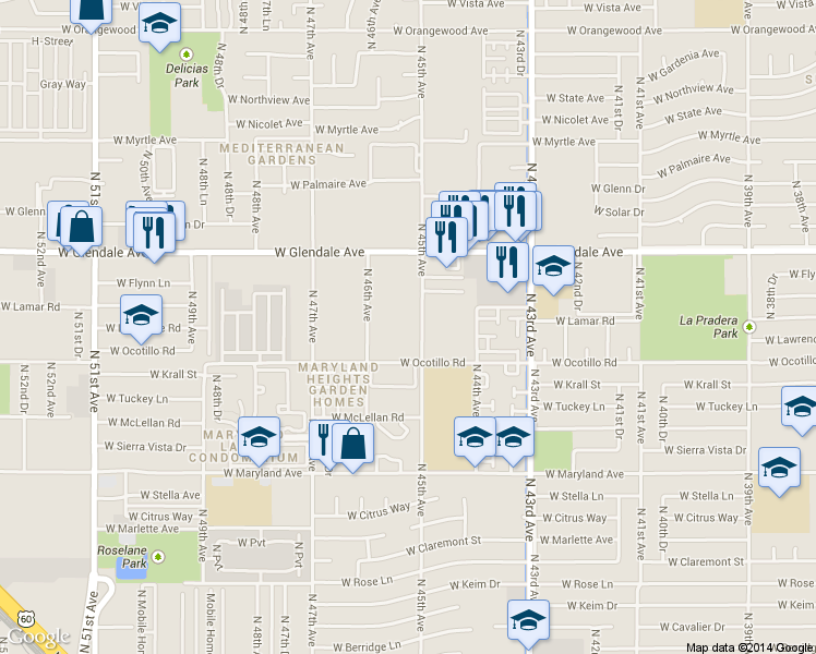 map of restaurants, bars, coffee shops, grocery stores, and more near 6738 North 45th Avenue in Glendale