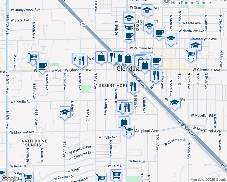 map of restaurants, bars, coffee shops, grocery stores, and more near 6714 North 59th Drive in Glendale