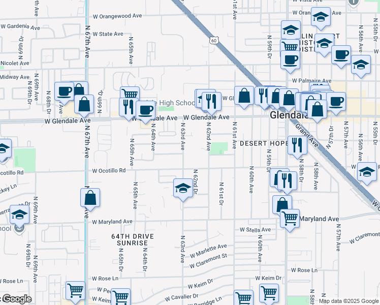 map of restaurants, bars, coffee shops, grocery stores, and more near 6220 West Ocotillo Road in Glendale