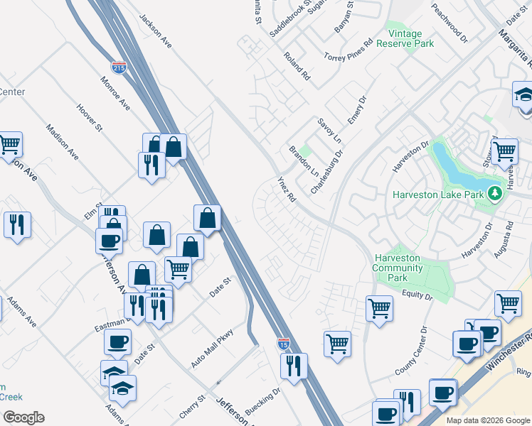 map of restaurants, bars, coffee shops, grocery stores, and more near Temecula Valley Fwy in Temecula