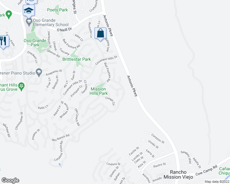 map of restaurants, bars, coffee shops, grocery stores, and more near 8 Franciscan Court in Ladera Ranch