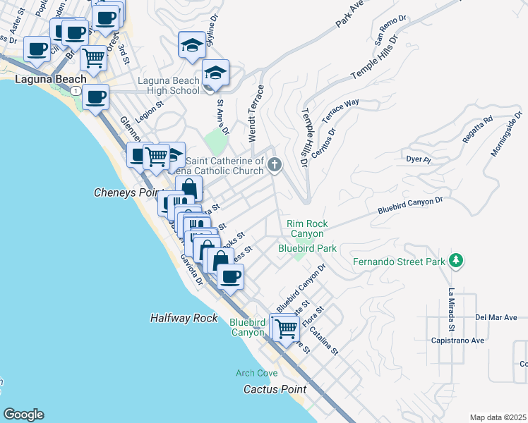 map of restaurants, bars, coffee shops, grocery stores, and more near 1215 Brangwyn Way in Laguna Beach