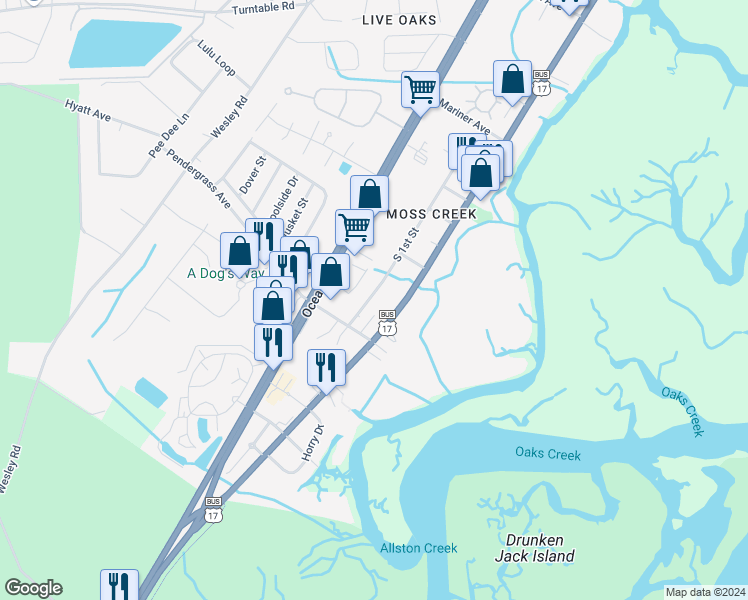 map of restaurants, bars, coffee shops, grocery stores, and more near 5098 U.S. 17 Business in Murrells Inlet