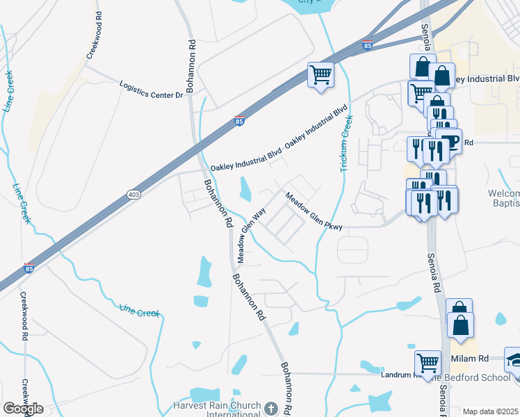 map of restaurants, bars, coffee shops, grocery stores, and more near 4016 Meadow Glen Way in Fairburn