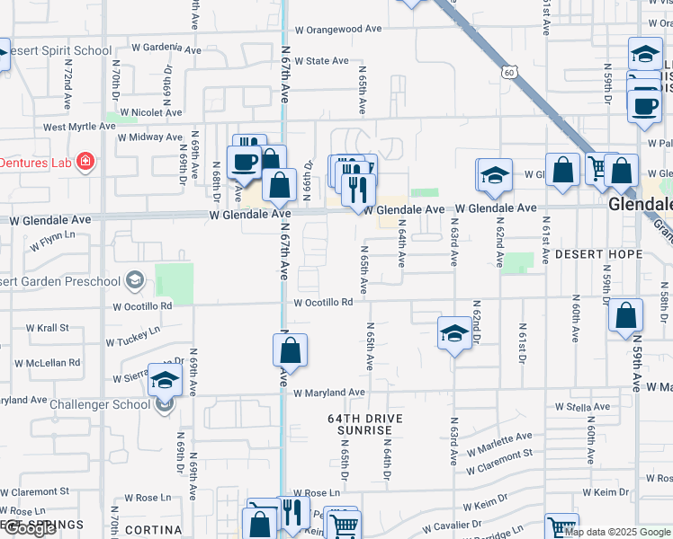 map of restaurants, bars, coffee shops, grocery stores, and more near 6529 West Glendale Avenue in Glendale