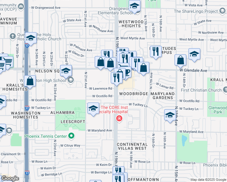 map of restaurants, bars, coffee shops, grocery stores, and more near 6750 North 19th Avenue in Phoenix
