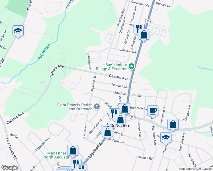 map of restaurants, bars, coffee shops, grocery stores, and more near 127 Teresa Avenue in North Augusta