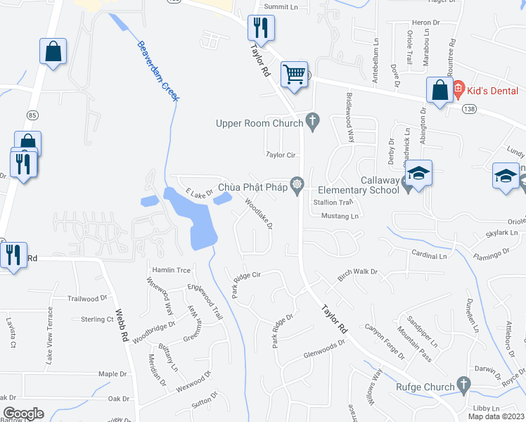 map of restaurants, bars, coffee shops, grocery stores, and more near 8004 Woodlake Drive in Riverdale