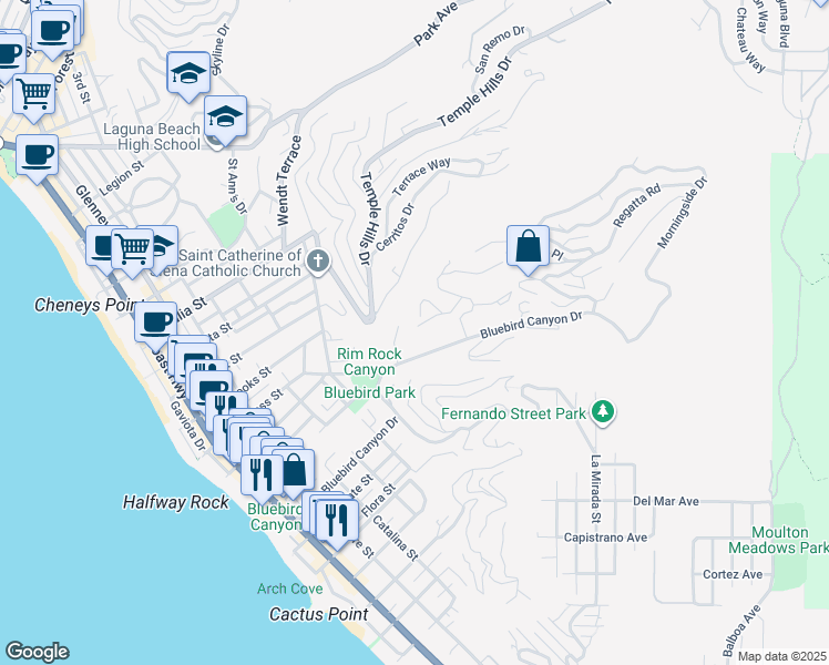 map of restaurants, bars, coffee shops, grocery stores, and more near 848 Bluebird Canyon Drive in Laguna Beach