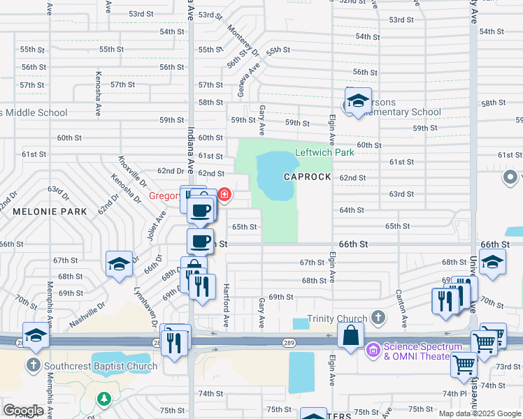 map of restaurants, bars, coffee shops, grocery stores, and more near Gary Avenue in Lubbock