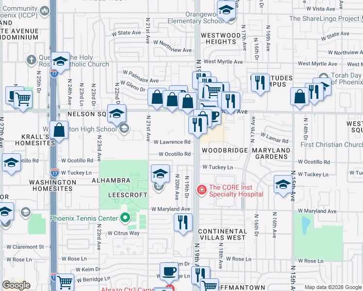 map of restaurants, bars, coffee shops, grocery stores, and more near 1932 West Ocotillo Road in Phoenix