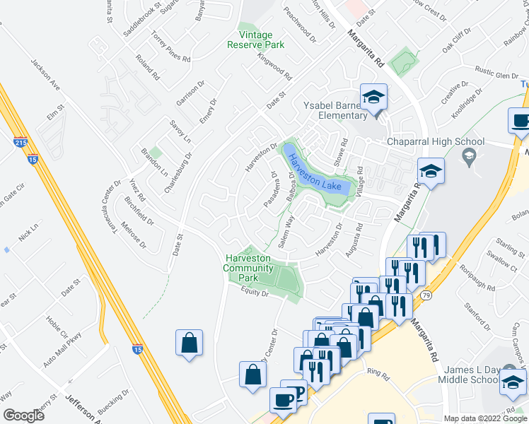 map of restaurants, bars, coffee shops, grocery stores, and more near 40296 Pasadena Drive in Temecula
