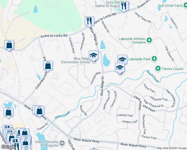 map of restaurants, bars, coffee shops, grocery stores, and more near 476 Fairfield Way in Evans