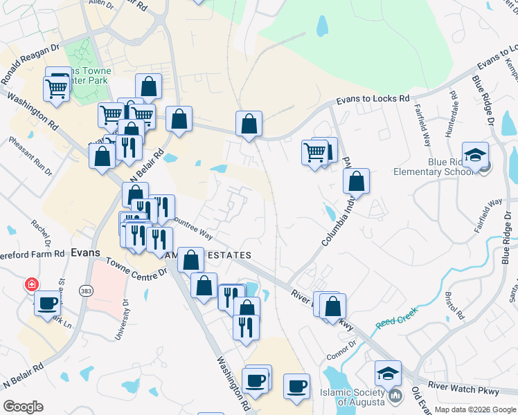 map of restaurants, bars, coffee shops, grocery stores, and more near 428 Evans Mill Court in Evans