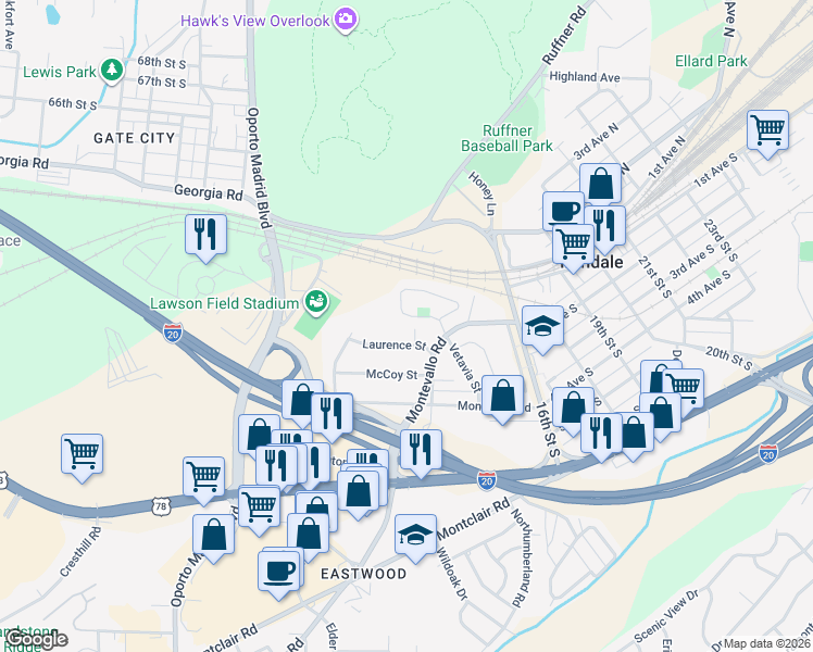 map of restaurants, bars, coffee shops, grocery stores, and more near 1324 Laurence Street in Irondale
