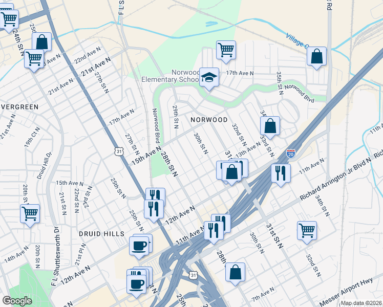 map of restaurants, bars, coffee shops, grocery stores, and more near 1325 29th Street North in Birmingham