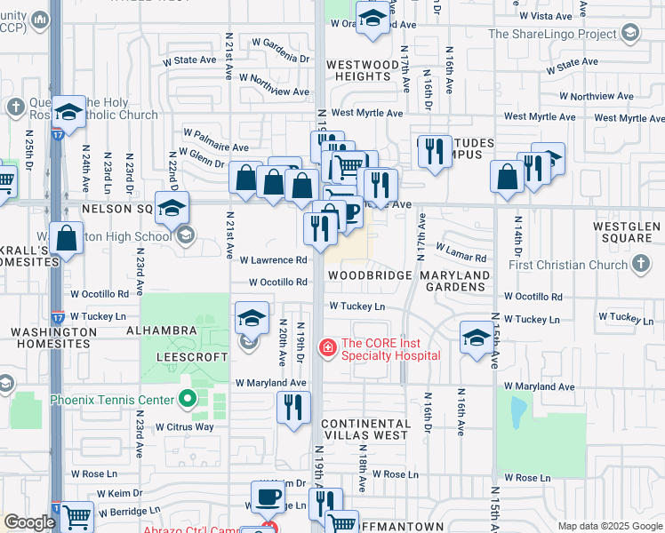 map of restaurants, bars, coffee shops, grocery stores, and more near 6645 North 19th Avenue in Phoenix