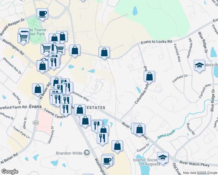 map of restaurants, bars, coffee shops, grocery stores, and more near 434 Evans Mill Drive in Evans