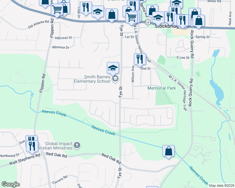 map of restaurants, bars, coffee shops, grocery stores, and more near 155 Tye Street in Stockbridge