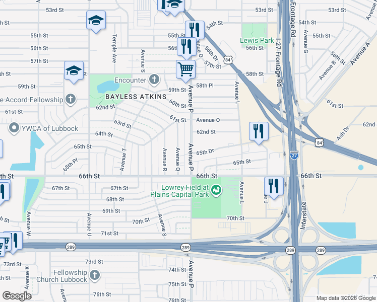map of restaurants, bars, coffee shops, grocery stores, and more near 1347 65th Drive in Lubbock