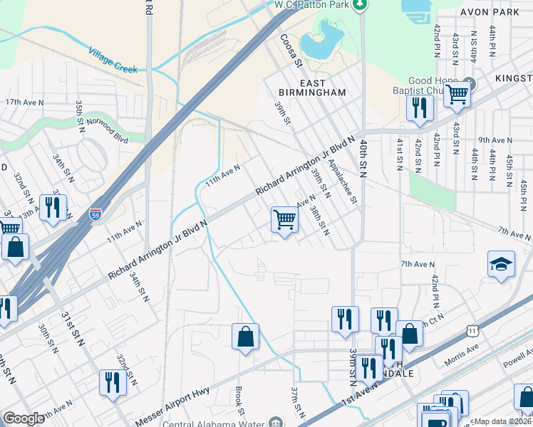 map of restaurants, bars, coffee shops, grocery stores, and more near 3625 9th Avenue North in Birmingham