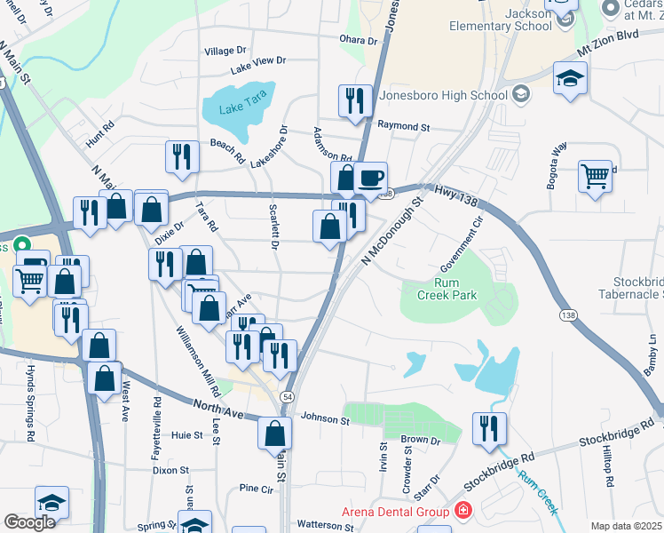 map of restaurants, bars, coffee shops, grocery stores, and more near 106 Woodhaven Drive in Jonesboro