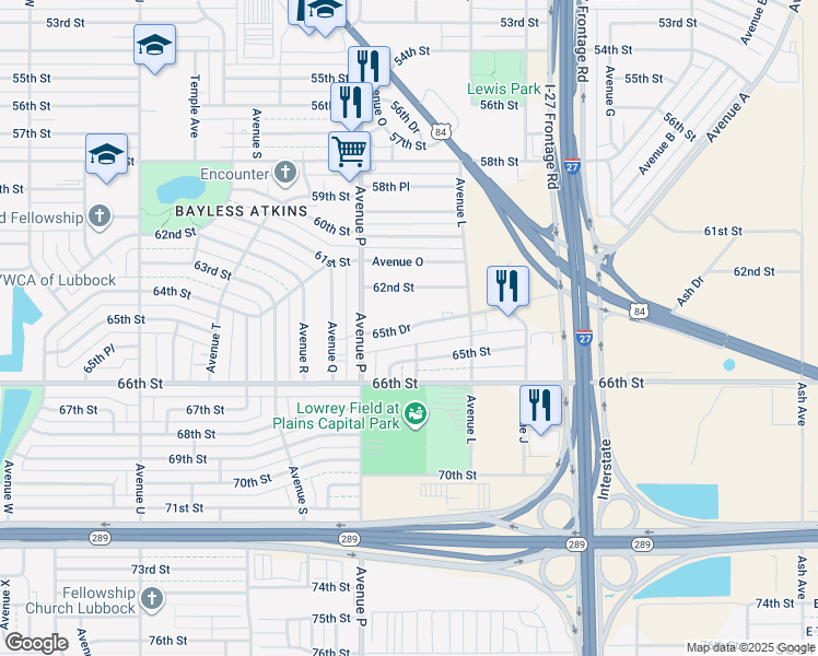 map of restaurants, bars, coffee shops, grocery stores, and more near 6408 Avenue O in Lubbock