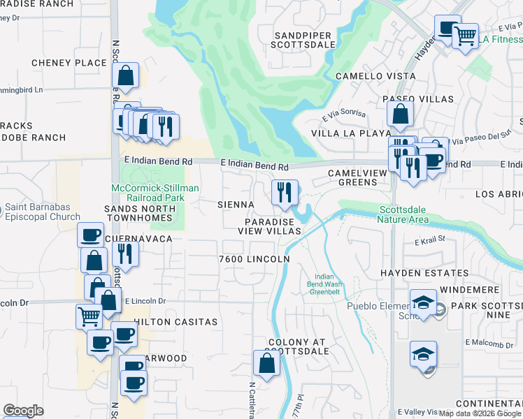 map of restaurants, bars, coffee shops, grocery stores, and more near 7627 East Indian Bend Road in Scottsdale