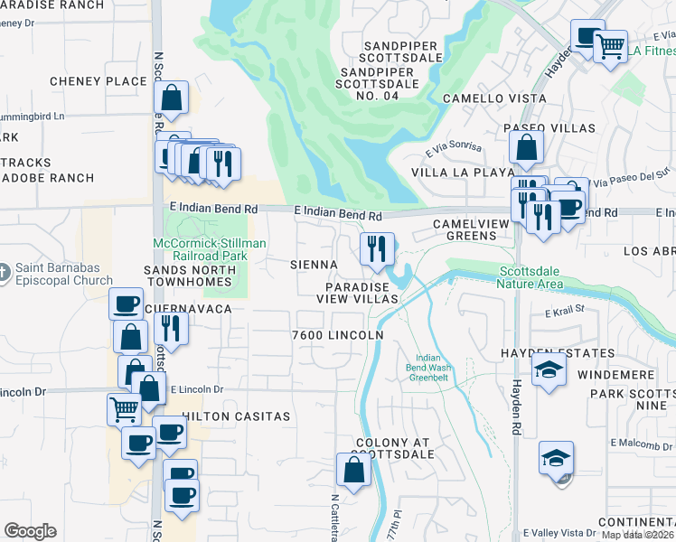 map of restaurants, bars, coffee shops, grocery stores, and more near 7627 East Indian Bend Road in Scottsdale