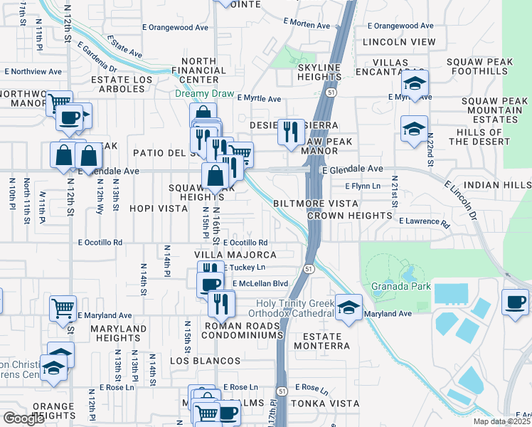 map of restaurants, bars, coffee shops, grocery stores, and more near 6701 North Ocotilla Drive in Phoenix