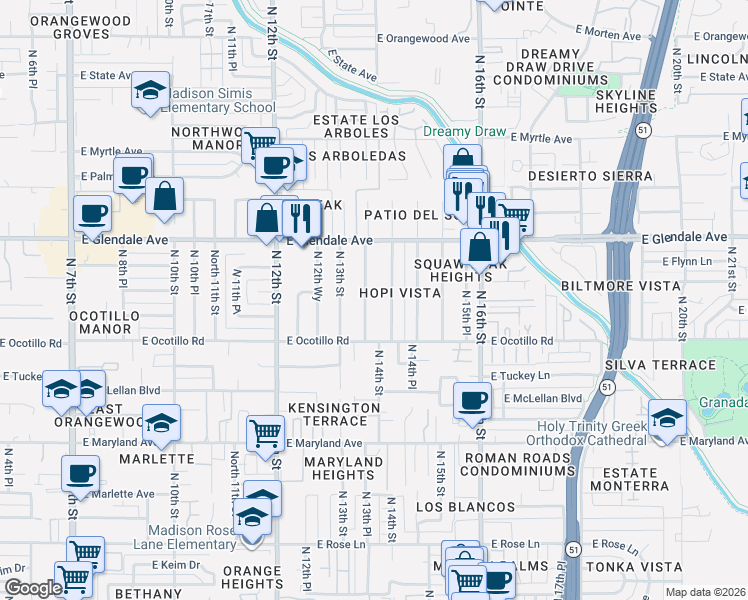 map of restaurants, bars, coffee shops, grocery stores, and more near 6724 North 14th Street in Phoenix