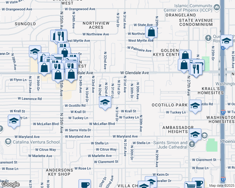 map of restaurants, bars, coffee shops, grocery stores, and more near 3117 West Lawrence Road in Phoenix