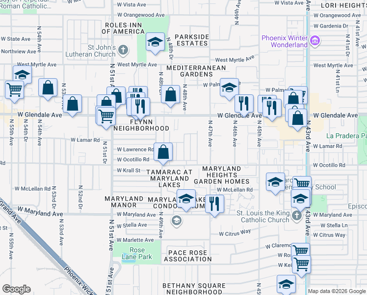 map of restaurants, bars, coffee shops, grocery stores, and more near 4800 West Ocotillo Road in Glendale