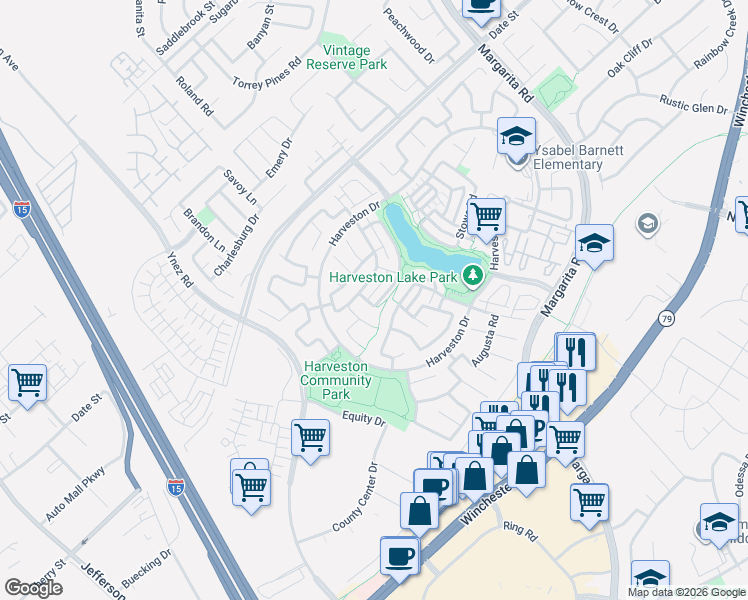 map of restaurants, bars, coffee shops, grocery stores, and more near 40313 Salem Way in Temecula