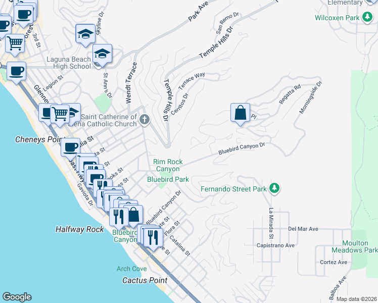 map of restaurants, bars, coffee shops, grocery stores, and more near 848 Bluebird Canyon Drive in Laguna Beach